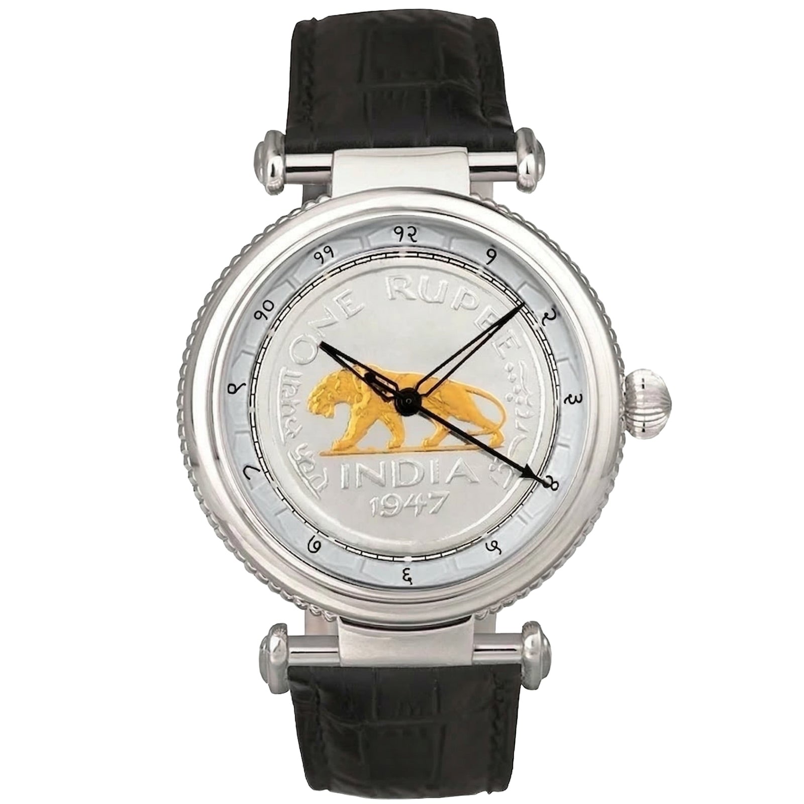 Devanagari Baagh Steel watch, front view with the 1947 tiger coin dial