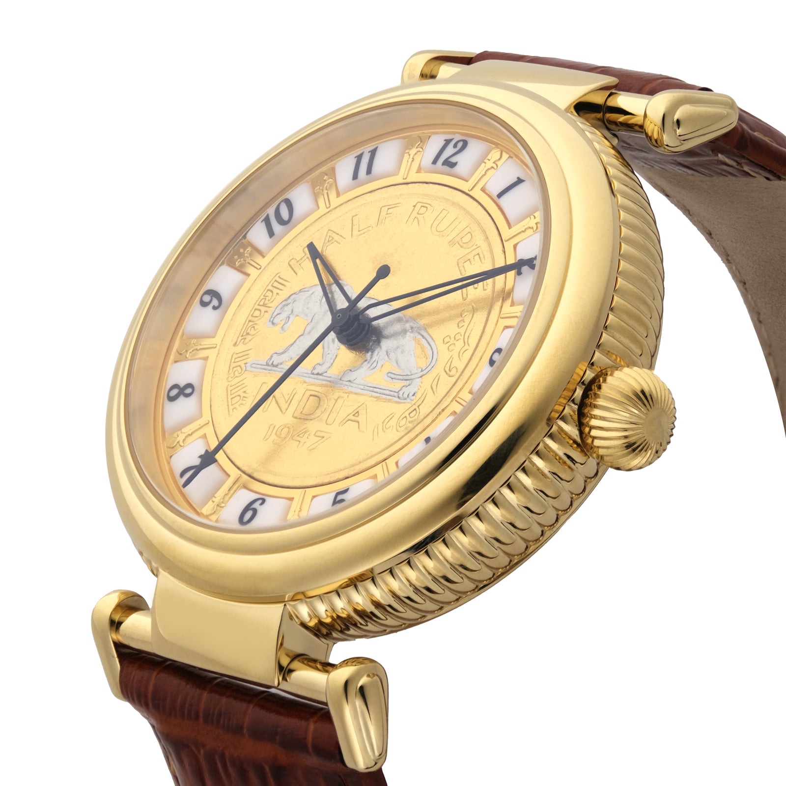 Baagh III gold-plated watch, angled close-up of the coin dial